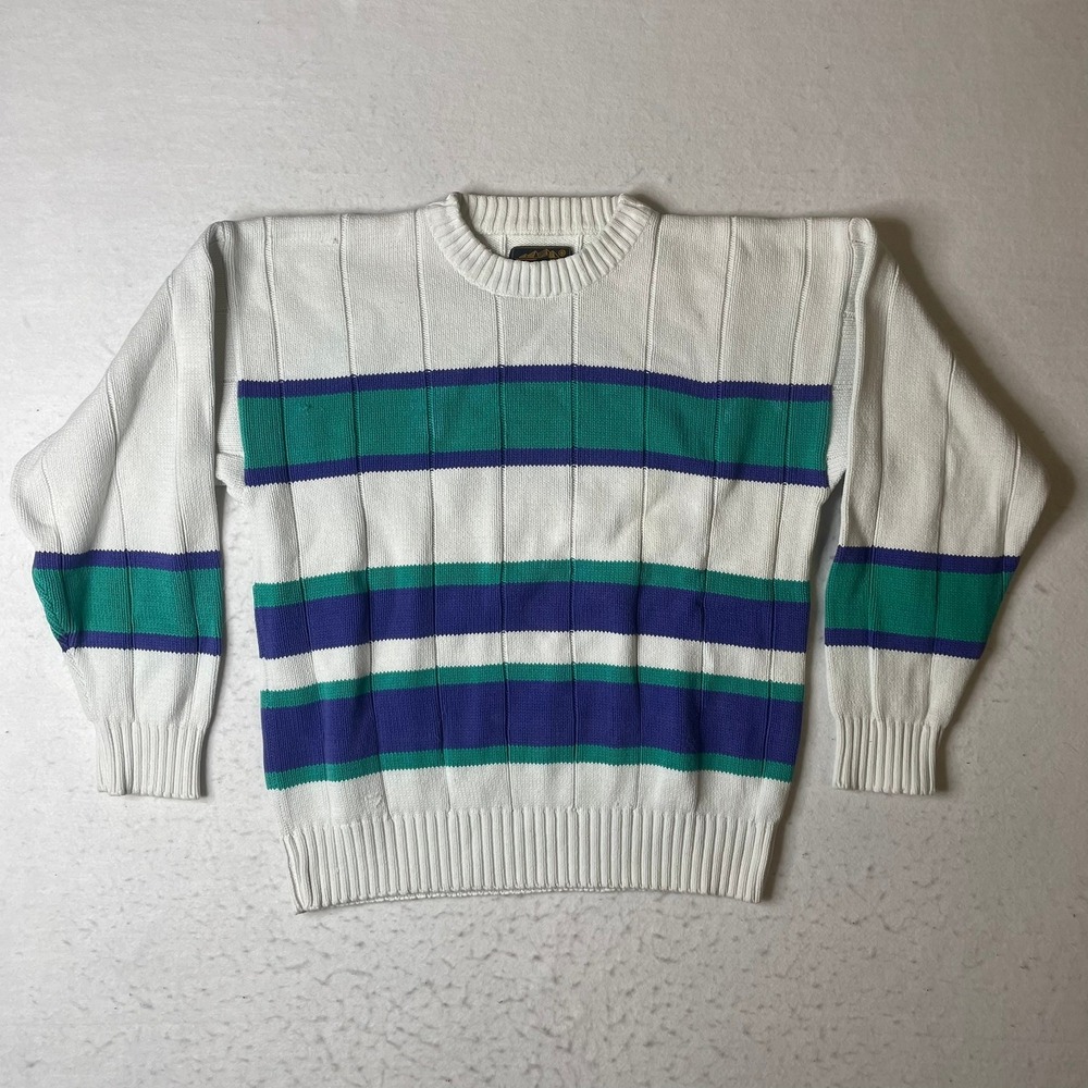 Eddie Bauer Mens Crewneck Striped Sweater 100% Cotton M/L White Blue‎ Green